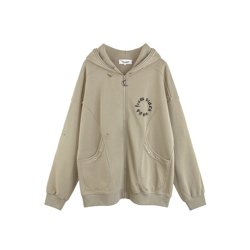 American Retro Ripped Jeans Hooded Sweater Baggy Coat